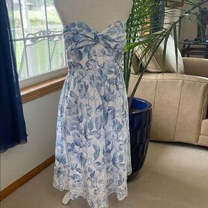 White House Black Market White and Light Blue Strapless Floral Dress